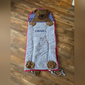 Pottery Barn Kids Blue Plaid Sleeping Bag with Brown Bear and Red Trim Full Zip
